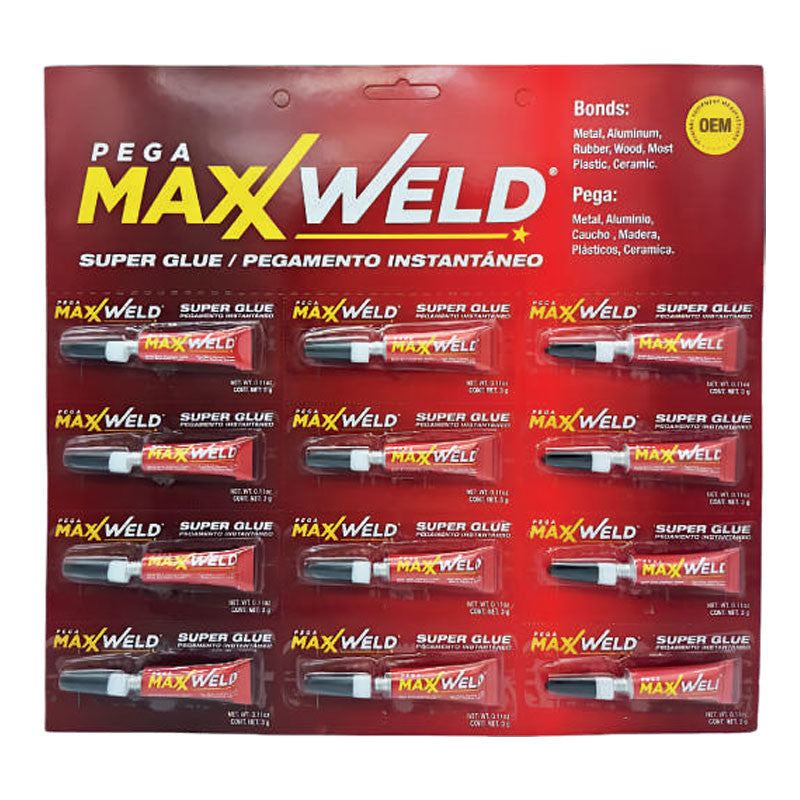 PEGAMENTO INSTANTANEO MAXXI GLUE, 3 GRAMOS, PRESENTACION DISPLAY CON 12 UNIDADES. PEGAMAXXWELD.