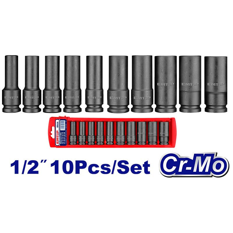 SET DE 10 COPAS DE IMPACTO, RAIZ DE 1/2 PULG, MILIMETRICO, 10,12,13,14,15,17,19,21,22,24. MARCA EMTOP