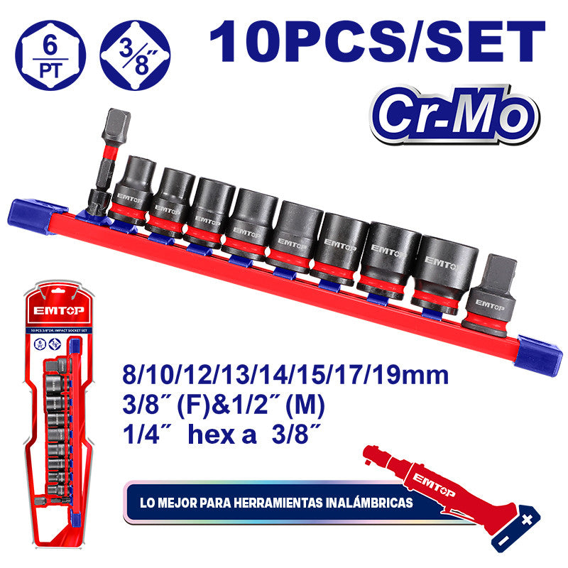 SET 10 PIEZAS DE IMPACTO, RAIZ 3/8 PULG, 2 ADAPTADORES Y 8 COPAS MILIMETRICAS. 8,10,12,13,14,15,17,19. EMTOP