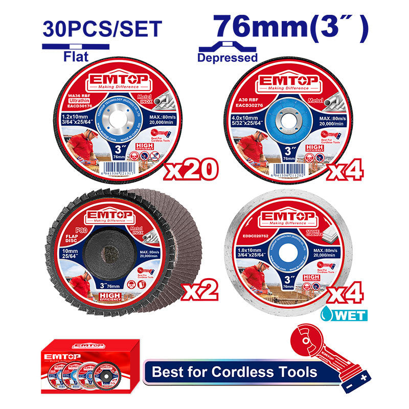 JUEGO DE 30 DISCOS DE 3 PULG. ABRASIVO, DIAMANTE Y FLAP DISC, CORTE Y DESBASTE, IDEAL PARA MINI ESMERIL ELAG7601. EMTOP