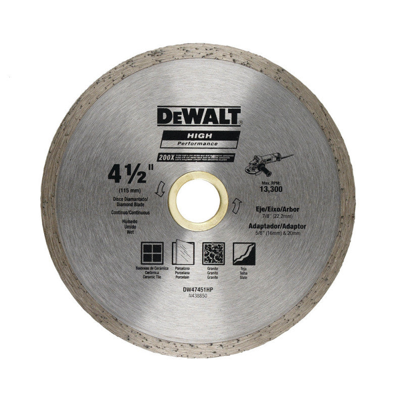 Dewalt, Disco Diamantado de 4 1/2 Pulgadas, Borde Continuo, Para Cerámica, Porcelana, Granito, Teja, DW47451HP