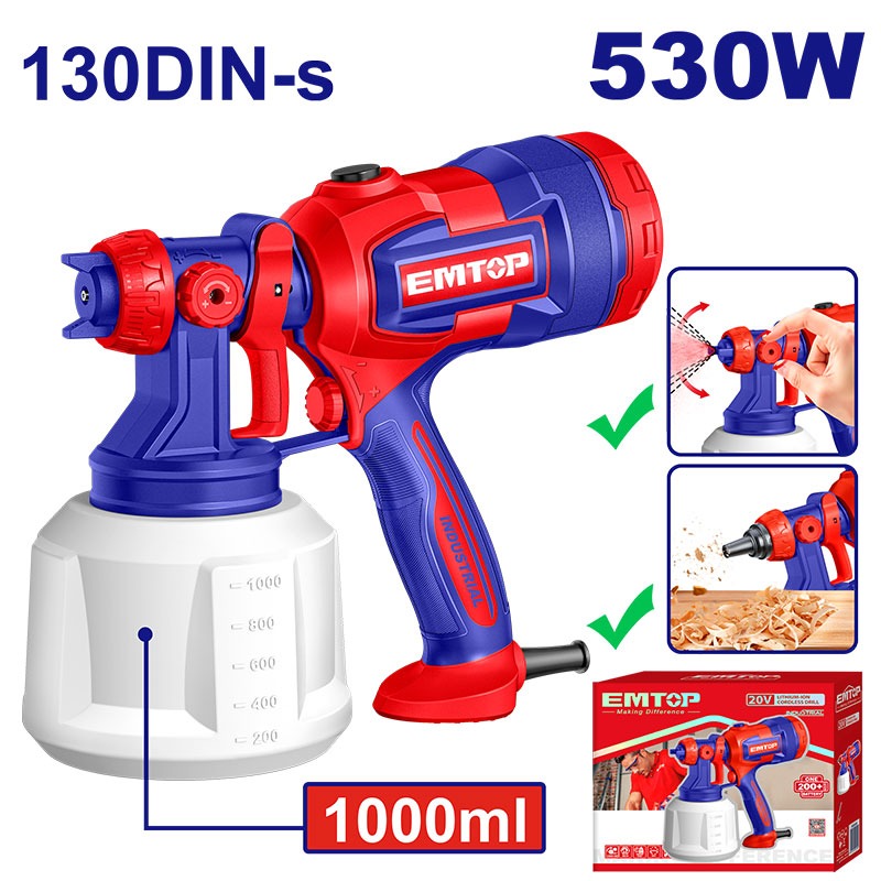 Pistola de Pintar Eléctrica 530W 1,000 ml Flujo Ajustable Viscosidad 130 DIN-S | EMTOP ULSGN4506
