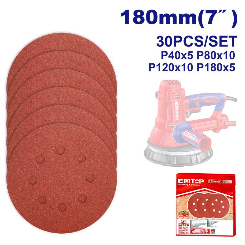 PAQUETE DE 30 DISCOS DE LIJA CON VELCRO DE 7 PULGADAS, GRANO SURTIDO, 40, 80, 120 Y 180. EMTOP