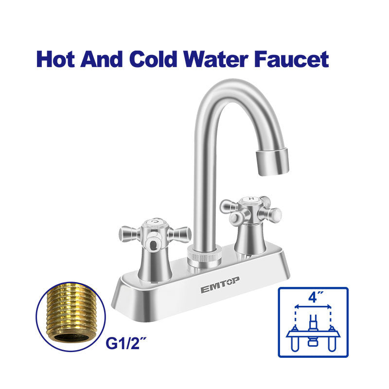 GRIFO PARA LAVAMANOS 4 PLG. CUERPO DE LATON Y MANIJA PLASTICA, PARA AGUA FRIA Y CALIENTE. EMTOP