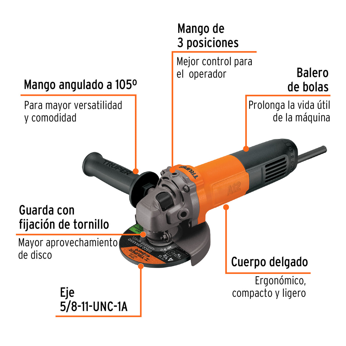 Esmeriladora Angular 4-1/2" 700W Mango 3 Posiciones Uso Continuo | TRUPER PRO 14013