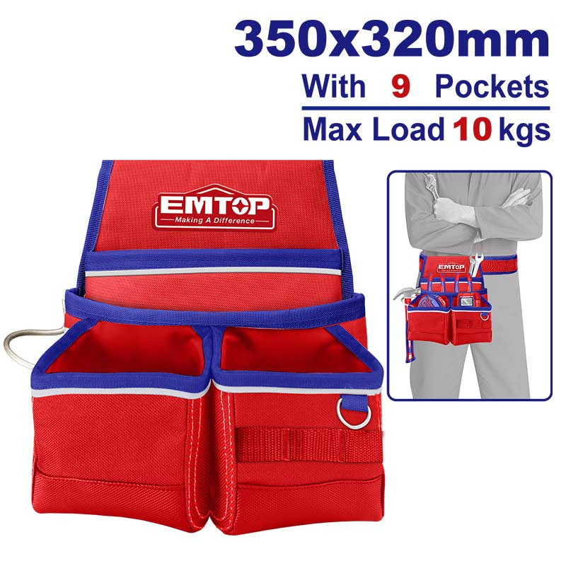 CARTUCHERA / BOLSA PORTAHERRAMIENTAS DE POLIESTER CON 9 BOLSILLOS Y SOPORTE PARA MARTILLO. EMTOP