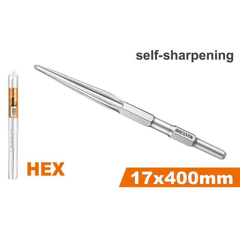 CINCEL PUNTA AUTOFILABLE ENCASTRE HEX 17 MM X 15-3/4 PLG. PARA CINCELADO EN CONCRETO. RICOTA.