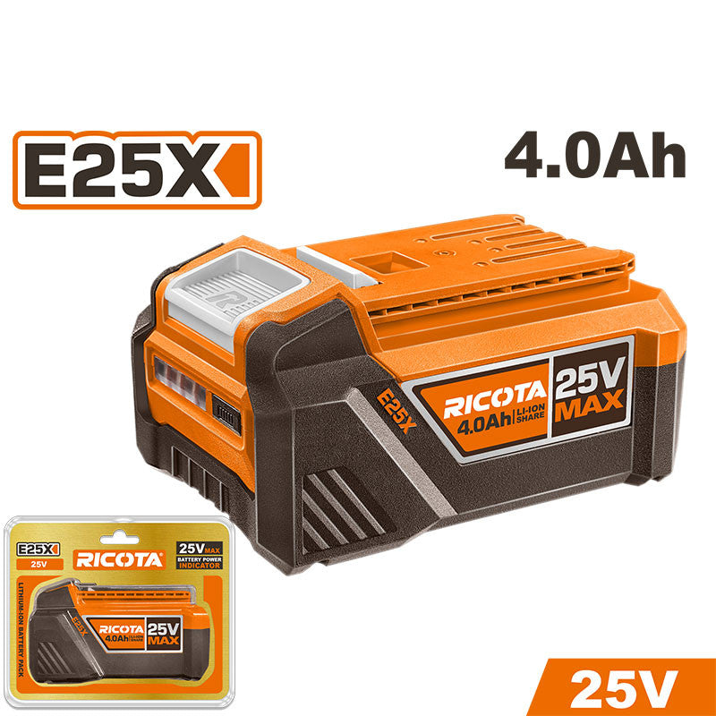 BATERIA DE LITIO 25V, 4 AH, INDICADOR LED DE CARGA, COMPATIBLE CON HERRAMIENTAS E25X, RICOTA.