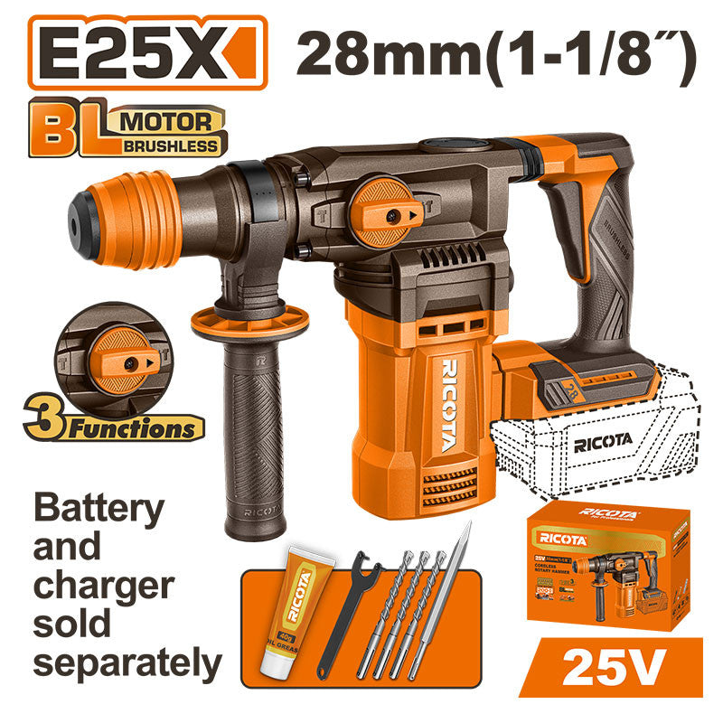 ROTOMARTILLO SDS PLUS INALAMBRICO BRUSHLESS 25V, 4.5 J, CAP. MAX. 1-1/8 PLG, SIN BATERIA NI CARGADOR, BARE TOOL, RICOTA.