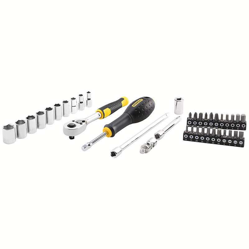 JUEGO DE 38 PIEZAS, RAIZ DE 1/4 PULGADA, COPAS 6 PUNTOS, MILIMETRICAS CON MALETA PLASTICA. STANLEY