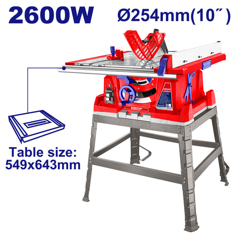 Sierra De Mesa 10 Plg. 2600w, 4800rpm, Con Mesa Extendible Y Base De Acero. Emtop