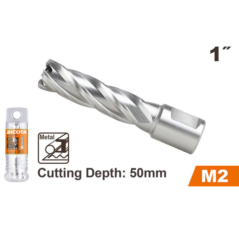 BROCA ANULAR PARA METAL HSS M2, 1 X 2 PLG, VASTAGO WELDON 3/4 PLG, RICOTA.