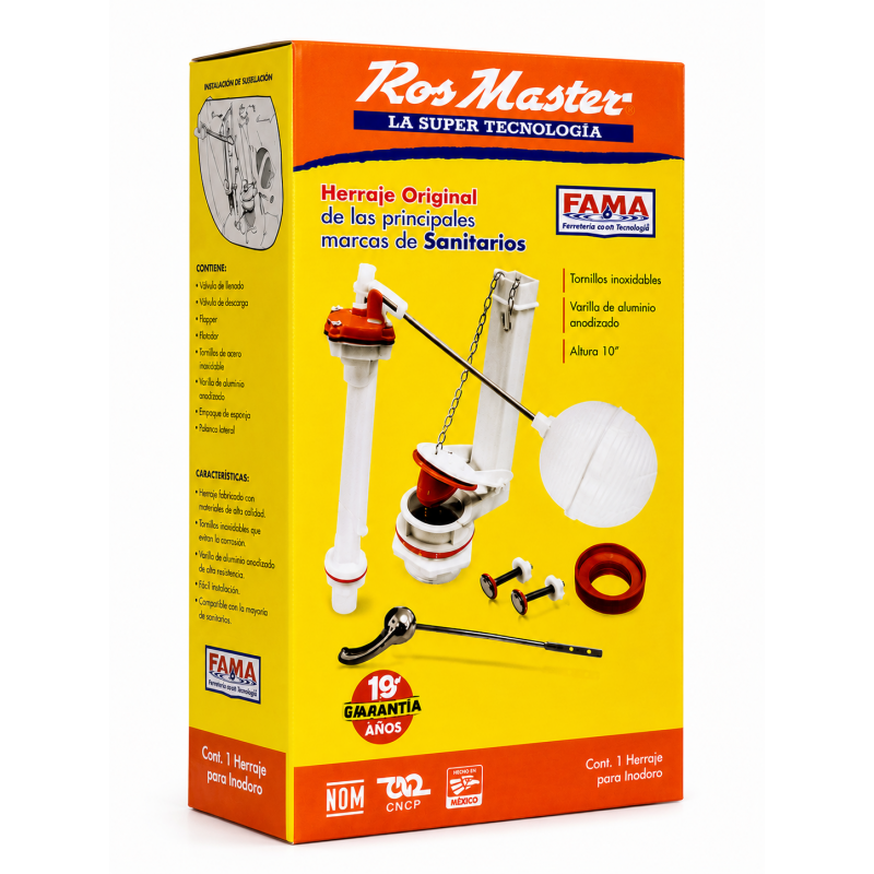 KIT DE REPARACION COMPLETO PARA TANQUE DE SANITARIO, 2 PLG G4 X 10 PLG, PALANCA CROMADA, ROSMASTER. FAMA