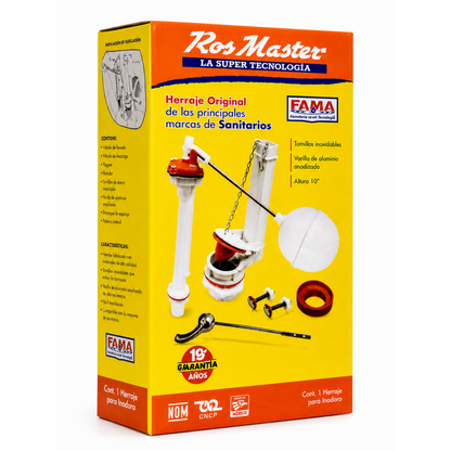 KIT DE REPARACION COMPLETO PARA TANQUE DE SANITARIO, 2 PLG G4 X 10 PLG, PALANCA CROMADA, ROSMASTER. FAMA