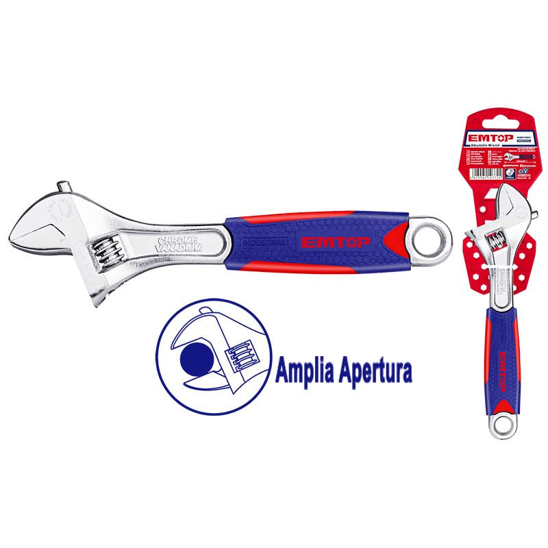 LLAVE AJUSTABLE / CANGREJO CROMADO 10 PULGADAS MANGO FORRADO DE HULE. MARCA EMTOP