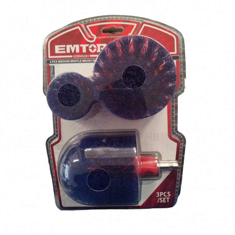 [ECBM0301] -Kit De 3 Cepillos Cerdas Medianas Para Limpieza Con Vastago 1/4 Para Colocarlo En Barreno O Atornillador. Emtop