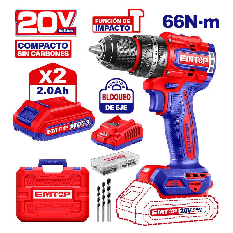 Barreno Percutor Brushless 20V Emtop 1/2" (2 Baterías)