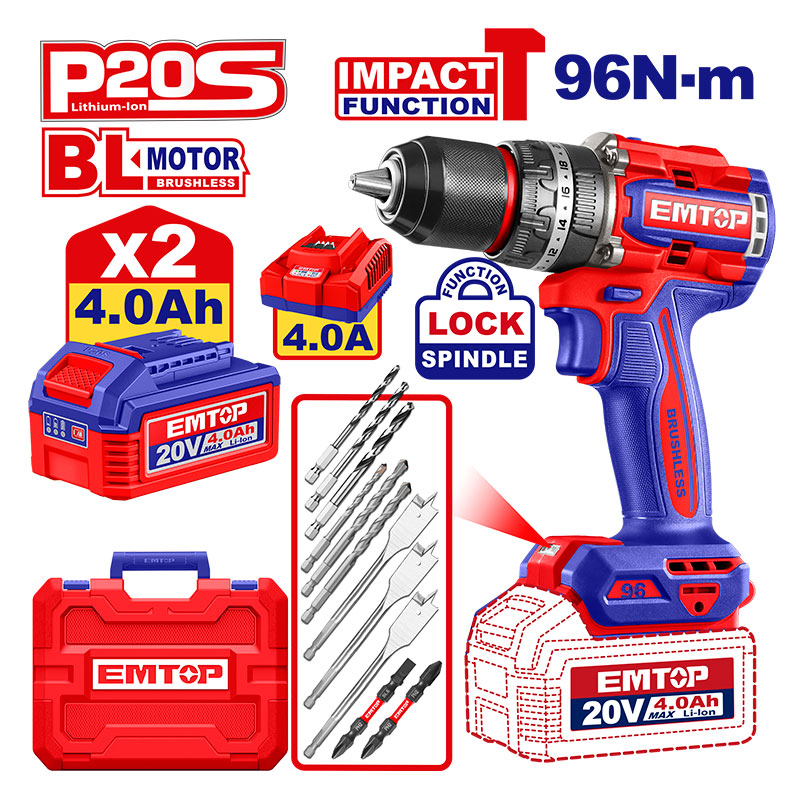 Barreno Percutor Brushless 20V Emtop 96 Nm (2 Baterías)