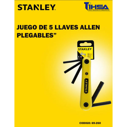 [69-260] -Juego 5 Llaves Hexagonales/Allen, Plegables,Sae De 3/16, 7/32, 1/4, 5/16 A 3/8 Pulgadas. Marca Stanley