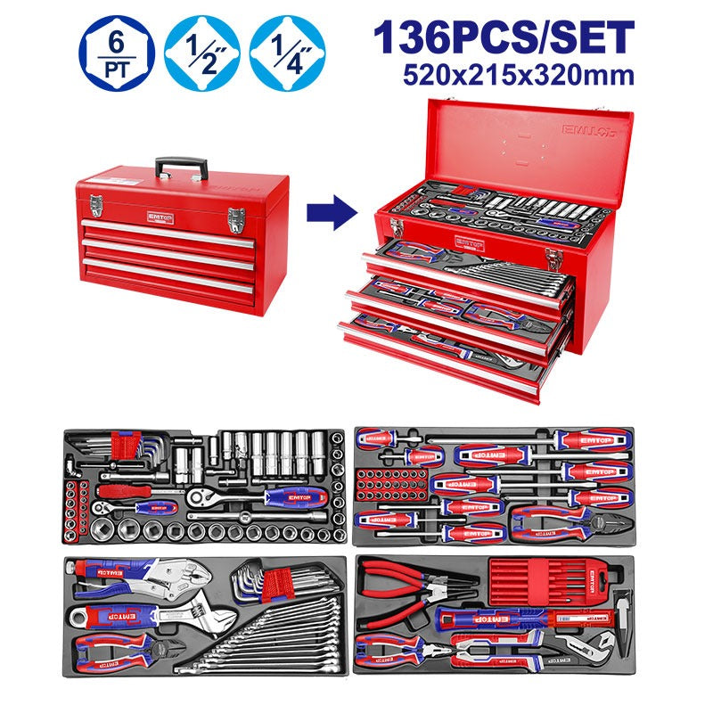 SET DE HERRAMIENTAS 136 PIEZAS CON GABINETE METALICO, INCLUYE RATCH, DADOS, LLAVES, DESTORNILLADORES Y ACCESORIOS. EMTOP CODIGO EHTS41368