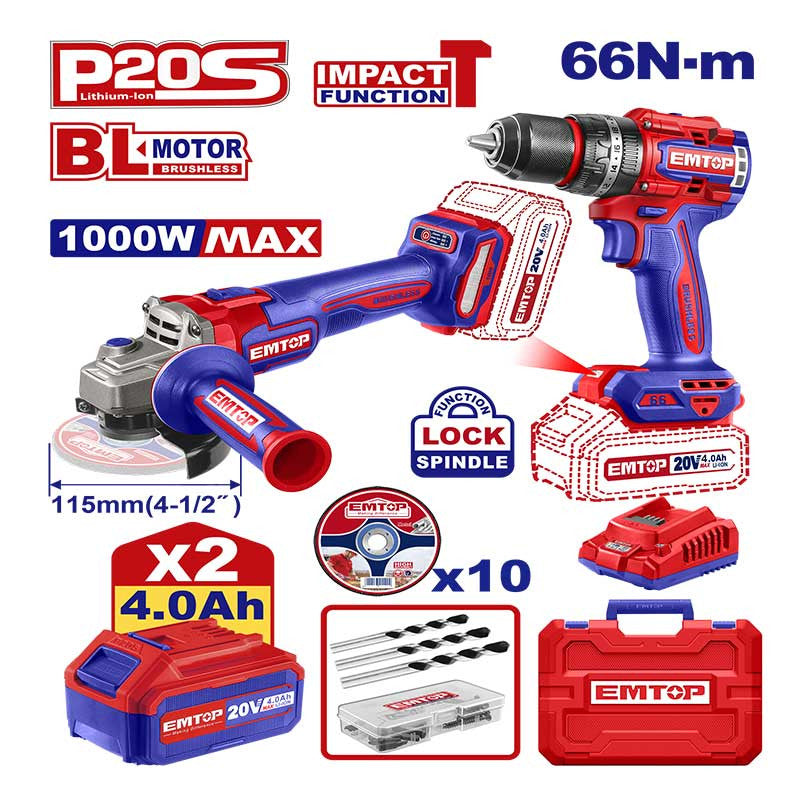 Combo Esmeriladora 4-1/2 Y Taladro Percutor 1/2 Inalambricos De 20v De Brushless 2baterias De Cargador De Maleta Emtop