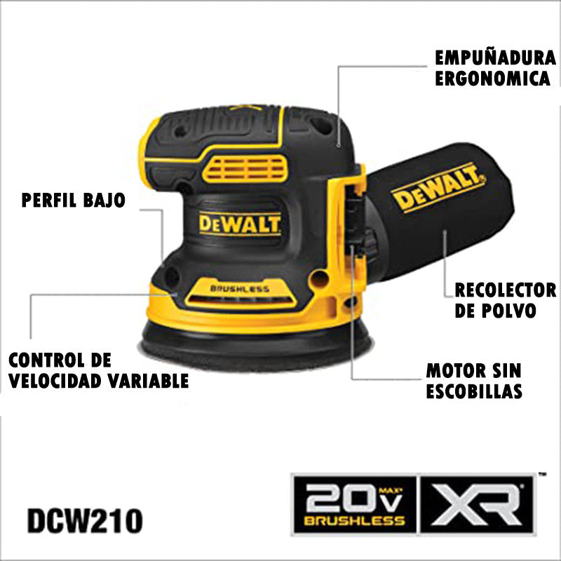Lijadora Roto-Orbital Velocidad Variable De Inalambrica De 5 Pulgadas De 20v De Con 1 Bateria De Cargador Y Bolsa Marca Dewalt