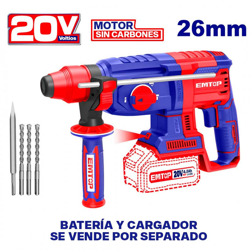 [ELRH20228] -Rotomartillo Inalambrico De 20 Volt, Sds Plus, Brushless, 0-1100rpm, 2.5 Joules, Sin Bateria Ni Cargador. Emtop