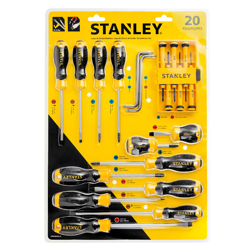 [STMT60220-LA] -Juego De 20 Destornilladores, 3 Punta Gabinete, 4 Estandar, 5 Phillips, 6 De Presicion, 2 Acodados. Stanley