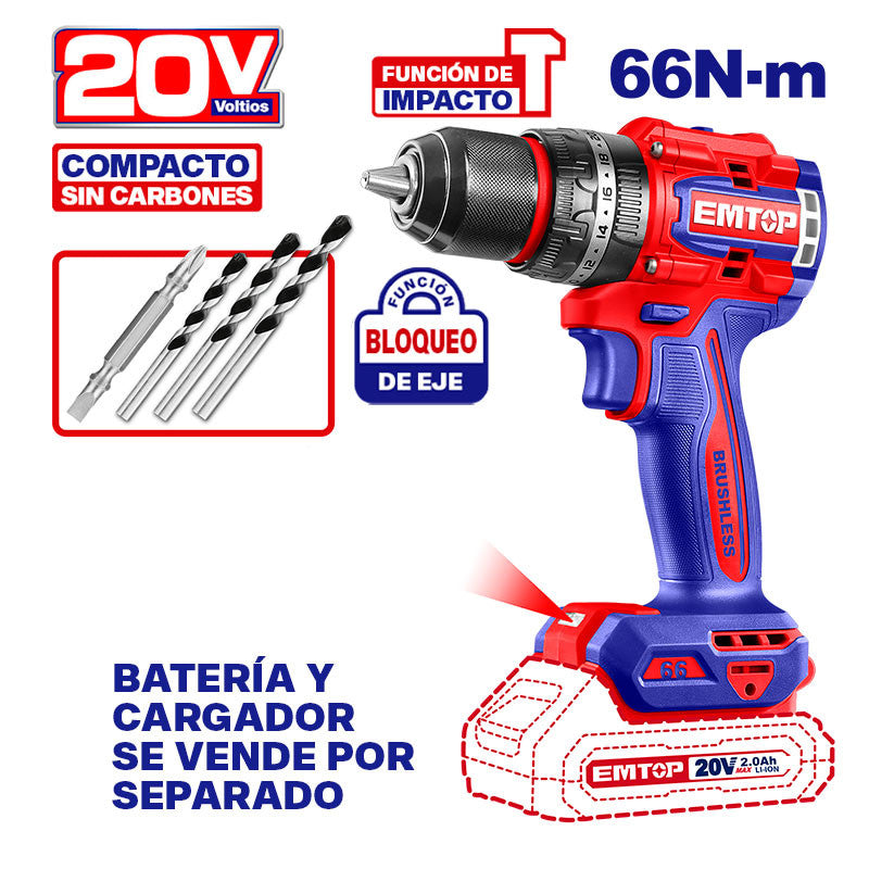 [ECIDL206681] -Barreno/Taladro Percutor Inalambrico 20v,Brushless,Mandril De 1/2,Torque 66nm,Sin Bateria Ni Cargador.bare Tool.emtop
