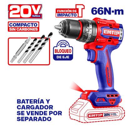 [ECIDL206681] -Barreno/Taladro Percutor Inalambrico 20v,Brushless,Mandril De 1/2,Torque 66nm,Sin Bateria Ni Cargador.bare Tool.emtop