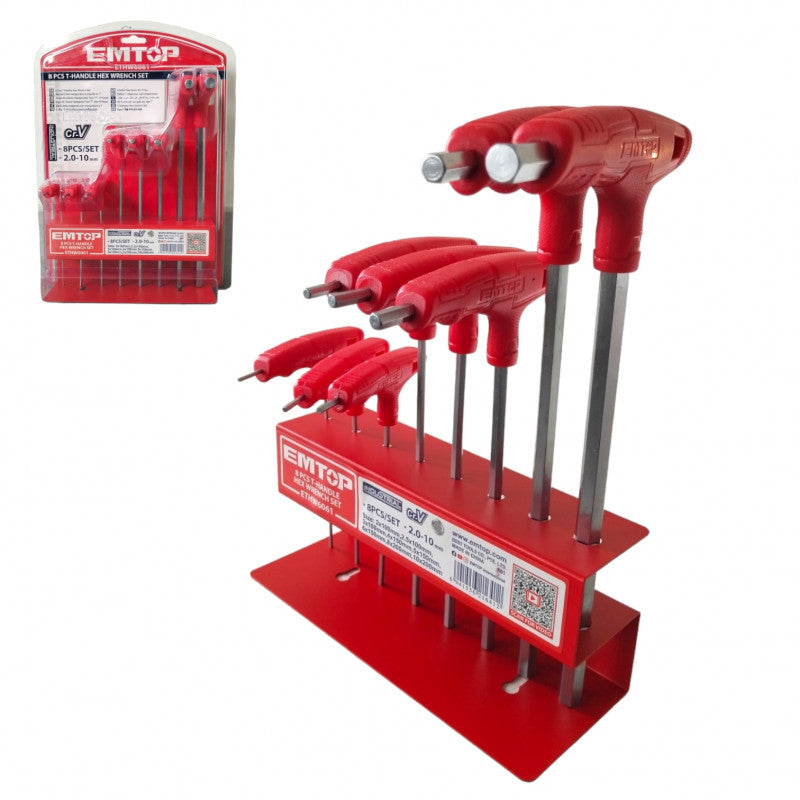 [ETHW6061] -Juego De 8 Llaves Allen Con Mango En T, Cromo Vanadio, Con Organizador. Marca Emtop