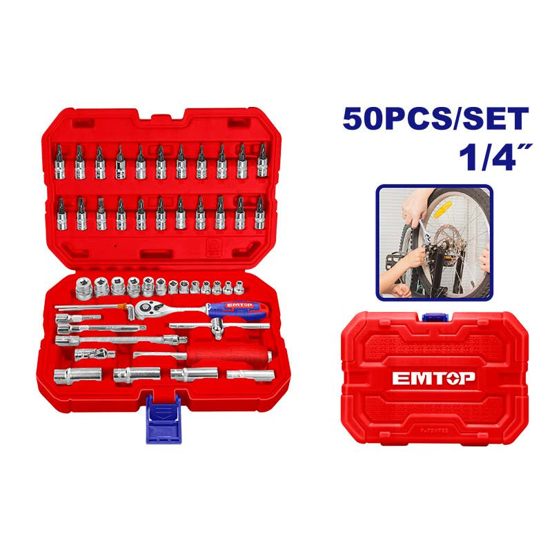 [ESKT14501] -Juego De Copas 50 Piezas Milimetrico, Ratch 1/4, Extensiones, Junta, Barra Flexible, Barra En T, Cr-V. Emtop