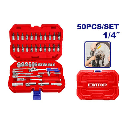 [ESKT14501] -Juego De Copas 50 Piezas Milimetrico, Ratch 1/4, Extensiones, Junta, Barra Flexible, Barra En T, Cr-V. Emtop