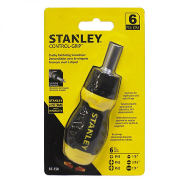 [66-358] -Juego De 6 Piezas Con Destornillador Multi-Punta Corto Con Efecto Ratchet, 3 Puntas Planas Y 3 Phillips. Marca Stanley
