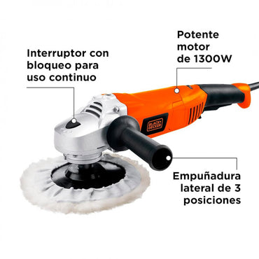 [WP1500K-B3] -Pulidora Automotriz, De 7 Pulgadas, 1,300 Watts, Velocidad Variable, Con Mopa Y Caja Plastica. Marca Black + Decker