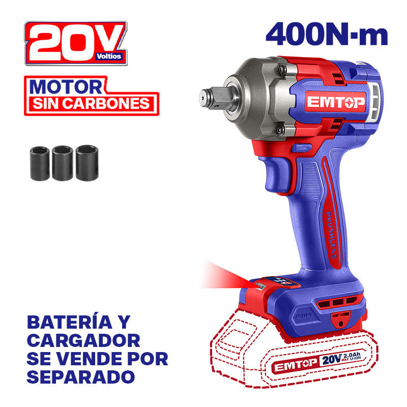 [ECIWL20401] -Llave De Impacto Inalambrica 1/2, 20v, Brushless, 400nm, Incluye 3 Copas Mm, Sin Bateria Ni Cargador, Bare Tool. Emtop