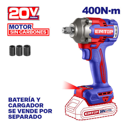[ECIWL20401] -Llave De Impacto Inalambrica 1/2, 20v, Brushless, 400nm, Incluye 3 Copas Mm, Sin Bateria Ni Cargador, Bare Tool. Emtop