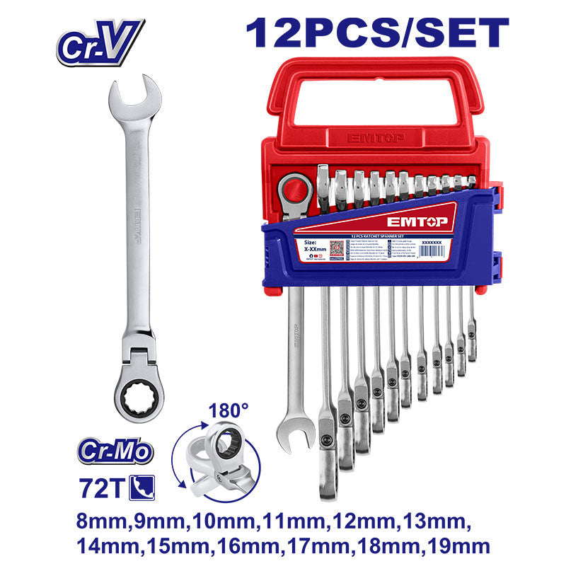 [ECSS101203] -Juego 12 Llaves Milimetricas Con Ratch, Corona Flexible, Pulido Fino Cr-V, 8,9,10,11,12,13,14,15,16,17,18 Y 19 Mm. Emtop