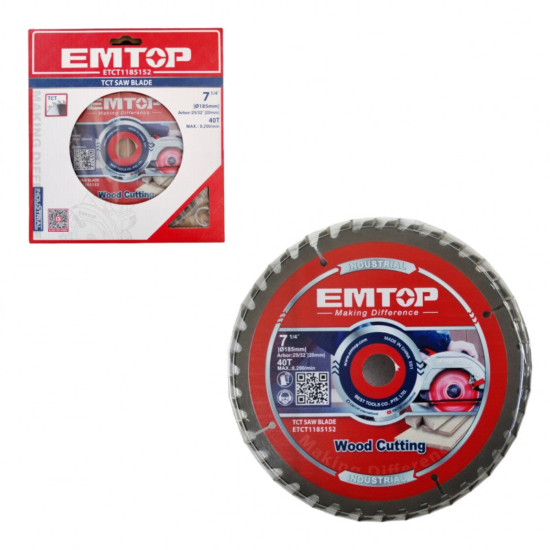 [ETCT1185152] -Disco De Sierra, 7-1/4, Eje De 20 Mm Con Reductor A 16 Mm, 40 Dientes De Carburo, Para Madera. Marca Emtop