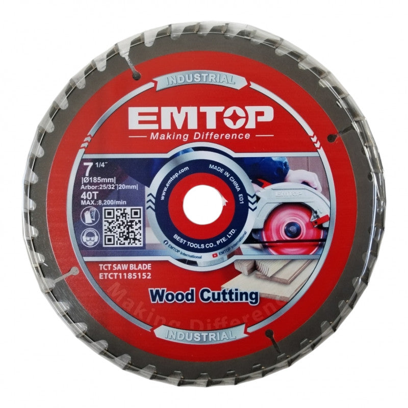 [ETCT1185152] -Disco De Sierra, 7-1/4, Eje De 20 Mm Con Reductor A 16 Mm, 40 Dientes De Carburo, Para Madera. Marca Emtop
