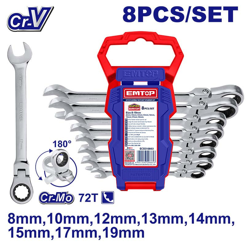 [ECSS10803] -Juego De 8 Llaves Milimetricas Con Ratch, Corona Flexible, Pulido Fino Cr-V, 8,10,12,13,14,15,17 Y 19 Mm. Emtop
