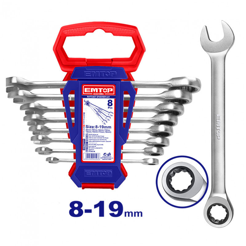 [ECSS10802] -Juego De 8 Llaves Con Ratch De La 8 A La 19. Marca Emtop