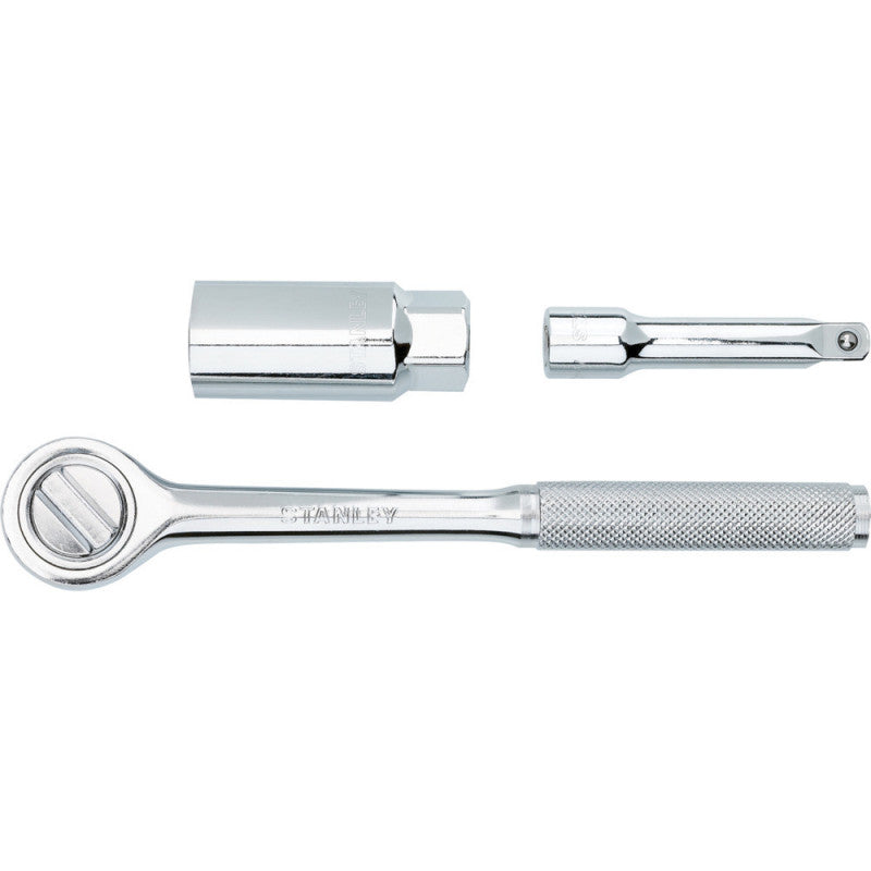 [86-230] -Juego De 3 Piezas Para Bujias, Raiz De 3/8 Pulgadas, Ratchet, Extension, Copa Medida De 13/16 Pulgadas. Marca Stanley