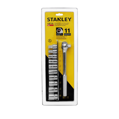 [86-735] -Juego 11 Piezas, Copas 6 Puntos Raiz De 1/2 Pulgada, En Pulgadas Con Ratchet Y Portacopas. Marca Stanley