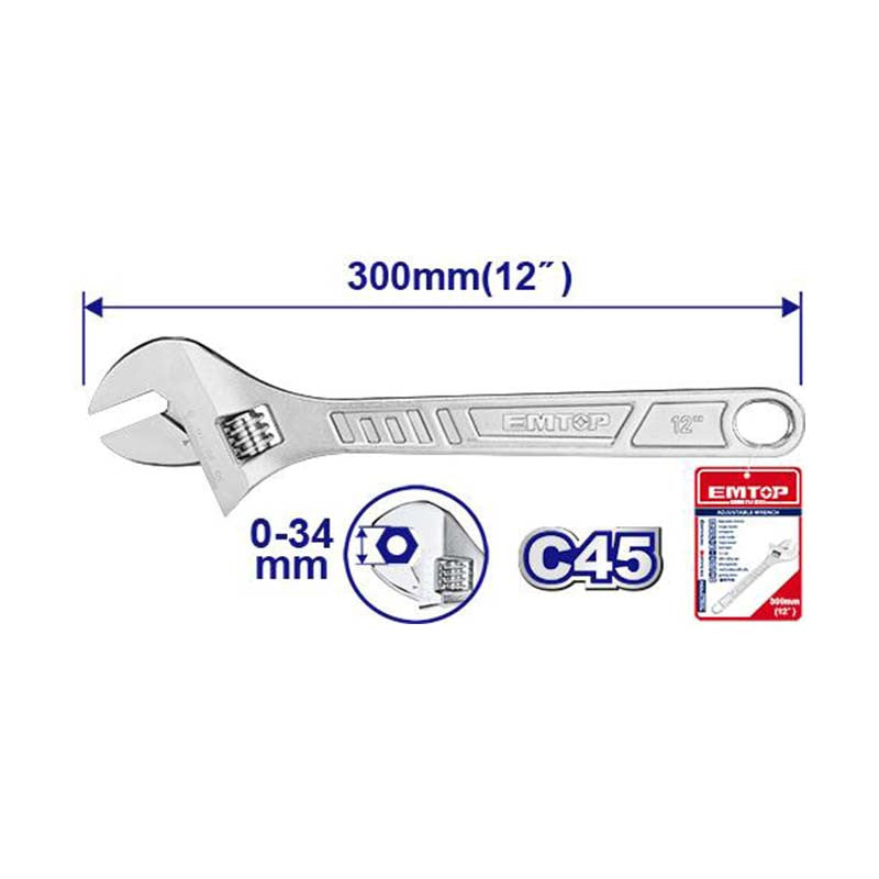 [EAWH131222] -Llave Ajustable / Cangrejo Cromado 12 Pulgadas. Marca Emtop