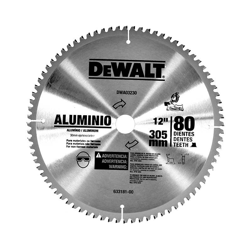 [DWA03230] -Disco De Sierra, 12 Pulg, Para Aluminio 80 Dientes, Con Adaptadores De 1 Y 3/4 Pulg. Marca Dewalt