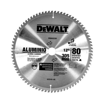 [DWA03230] -Disco De Sierra, 12 Pulg, Para Aluminio 80 Dientes, Con Adaptadores De 1 Y 3/4 Pulg. Marca Dewalt