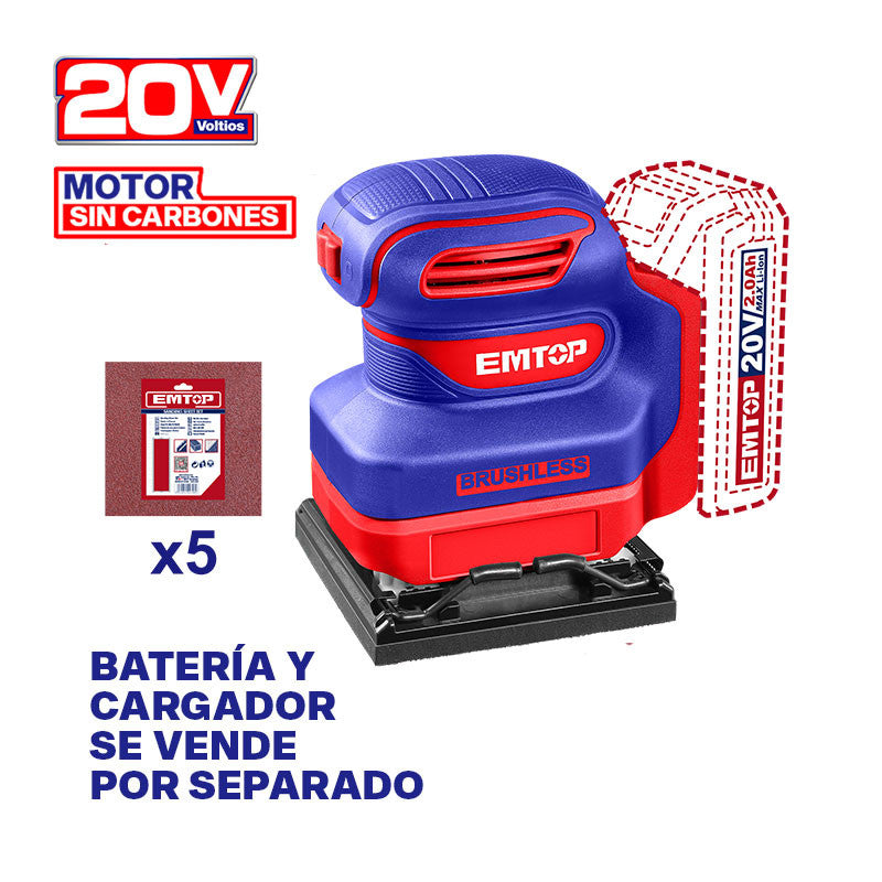 [ELSHS2024] -Lijadora Orbital 1/4 De Hoja Inalambrica, 20v. Brushless, 12,000 Rpm, Sin Bateria Ni Cargador, (Bare Tool). Emtop