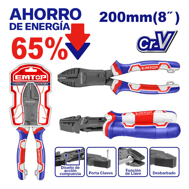 [EPLRCC0851] -Alicate Combinado 8 Pulg, Material Cr-V, Revestimiento De Teflon, Mango Tpr De 3 Colores Agarre Fuerte, Comodo. Emtop