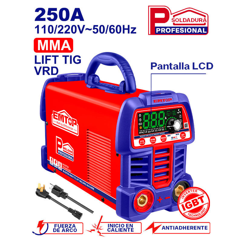 [ULWDEM2561] -Soldadora Inverter Mma/Tig Lift, 250 Amperios, 110 Y 220 Voltios, Pantalla Lcd, Tegnologia Inverter Igbt. Marca Emtop